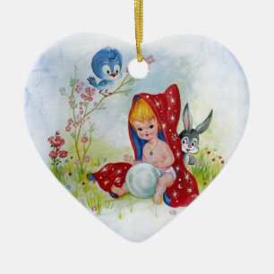 Cute, ynkrygg pojke, bunny och fågellek julgransprydnad keramik