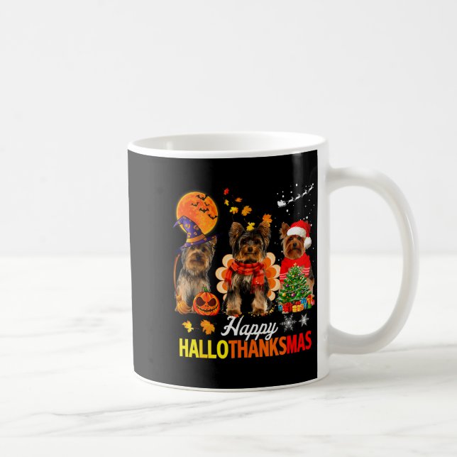 Cute Yorkie Happy Hallothanksmas Halloween Thanksg Kaffemugg (Höger)