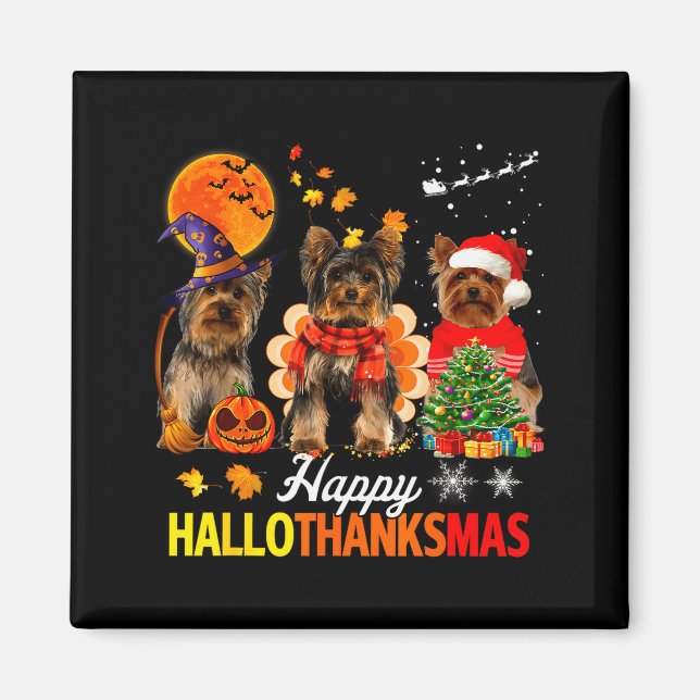 Cute Yorkie Happy Hallothanksmas Halloween Thanksg Magnet (Framsidan)