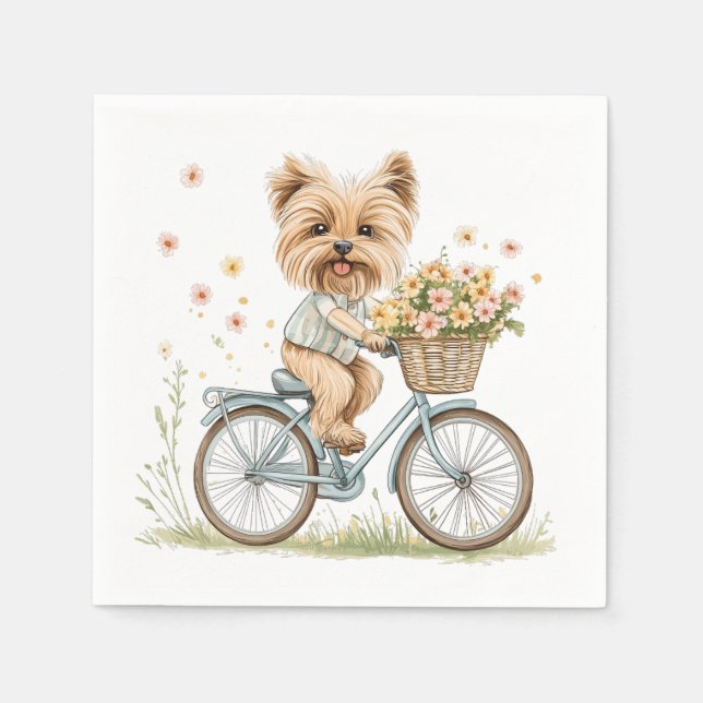 Cute Yorkie Hund Biking Vår blommor Pappersservett (Framsidan)
