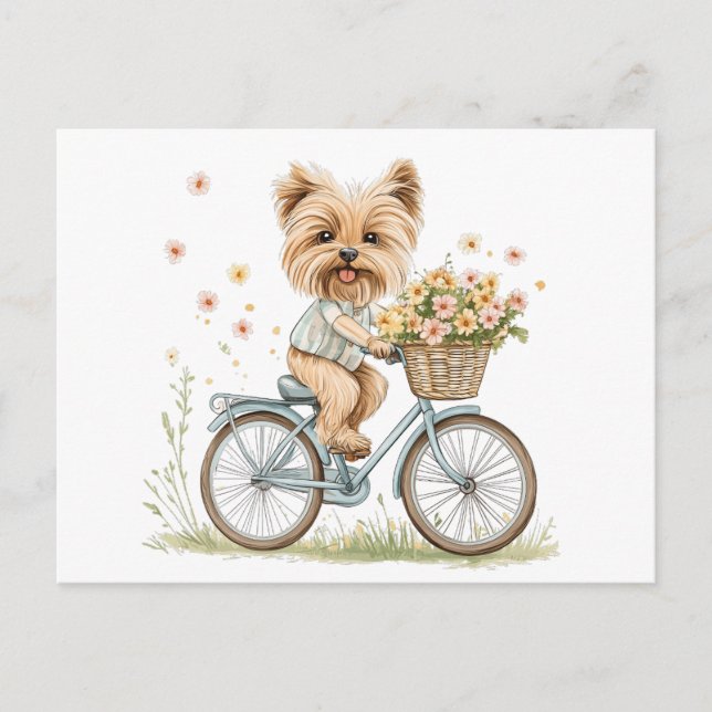 Cute Yorkie Hund Biking Vår blommor Vykort (Framsida)