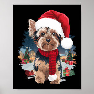 Cute Yorkie Hund jultomten Hat Scarf Winter H Poster