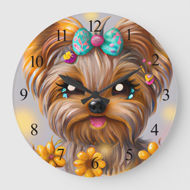 Cute Yorkie Kawaii Puppy Poster Stor Klocka (Framsida)
