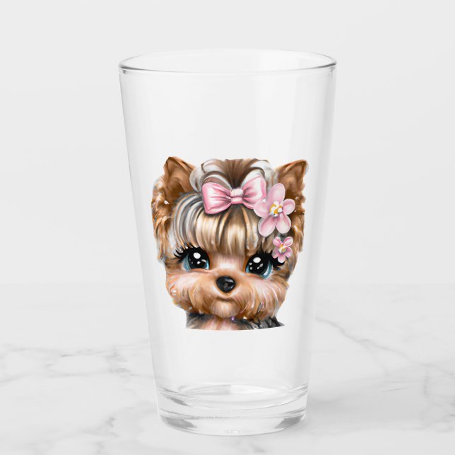 Cute Yorkie med Rosa Bow Glaskopp (Framsida)