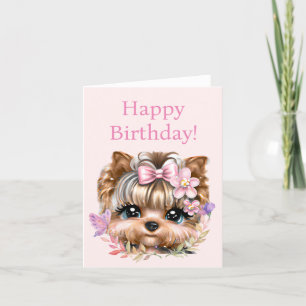 Cute Yorkie med Rosa Bow Helgkort