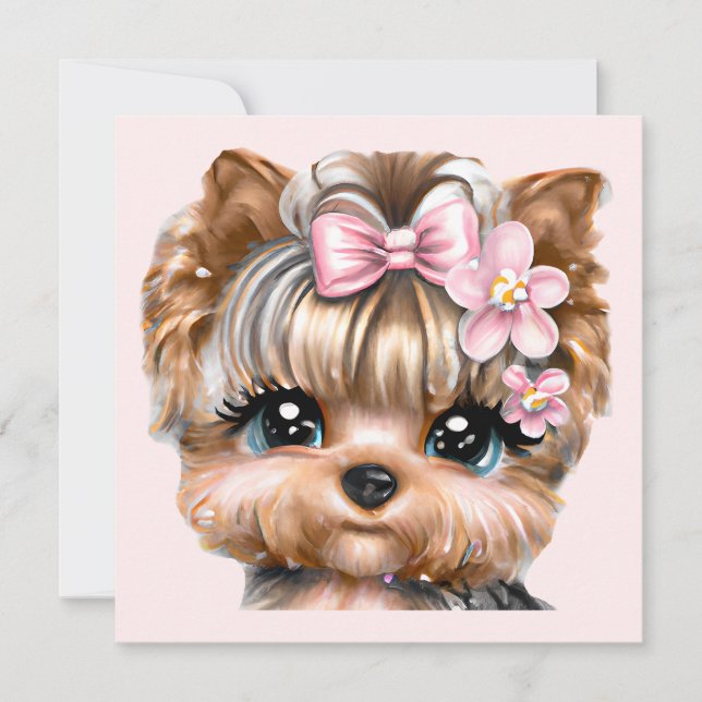 Cute Yorkie med Rosa Bow Julkort (Framsida)