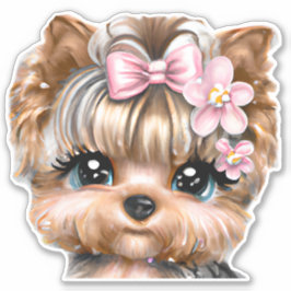 Cute Yorkie med Rosa Bow Klistermärken