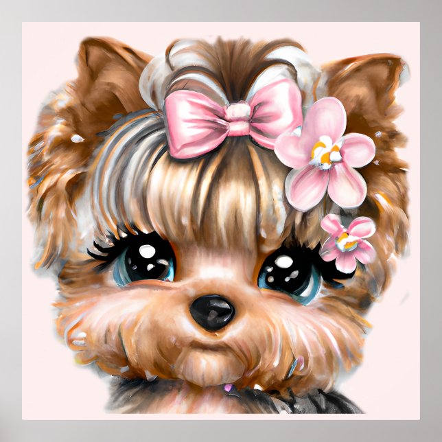 Cute Yorkie med Rosa Bow Poster (Framsidan)