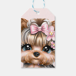 Cute Yorkie med Rosa Bow Presentetikett