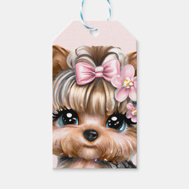 Cute Yorkie med Rosa Bow Presentetikett (Framsidan)