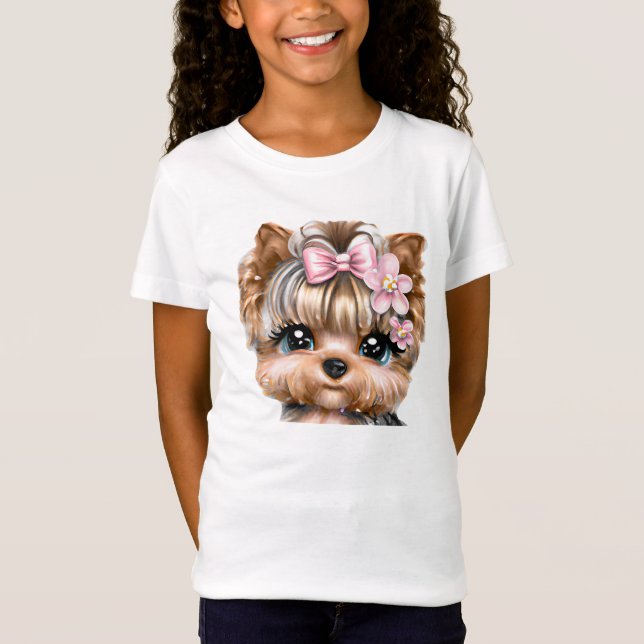 Cute Yorkie med Rosa Bow T Shirt (Framsida)