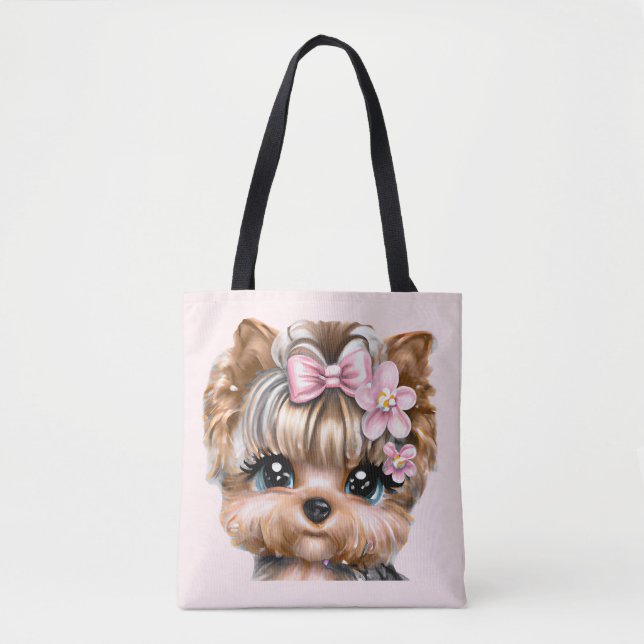 Cute Yorkie med Rosa Bow Tygkasse (Framsida)
