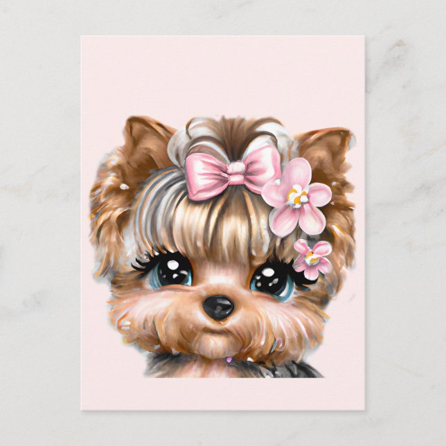 Cute Yorkie med Rosa Bow Vykort (Framsida)