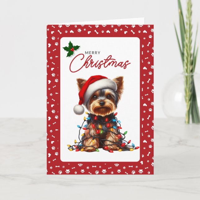 Cute Yorkie Santa Hat & Christmas Lights Folded Helgkort (Framsida)