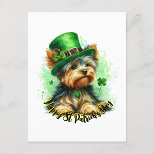 Cute Yorkie St. Patrick Day Watercolor Art Vykort