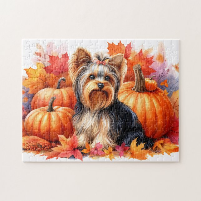 Cute Yorkie Terrier Höst löv och Pumpkins Pussel (Horisontell)