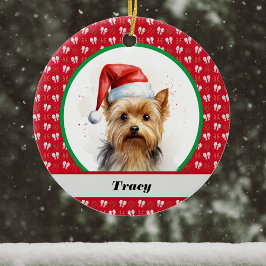 Cute Yorkie Yorkshire Terrier Red jul Bows Julgransprydnad Keramik