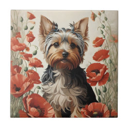 Cute Yorkshire Terrier Botanical Red Poppies Kakelplatta