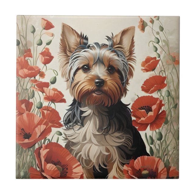 Cute Yorkshire Terrier Botanical Red Poppies Kakelplatta (Framsidan)