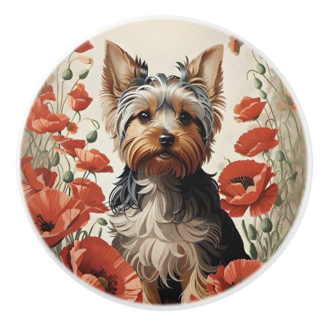 Cute Yorkshire Terrier Botanical Red Poppies Knopp (Framsidan)