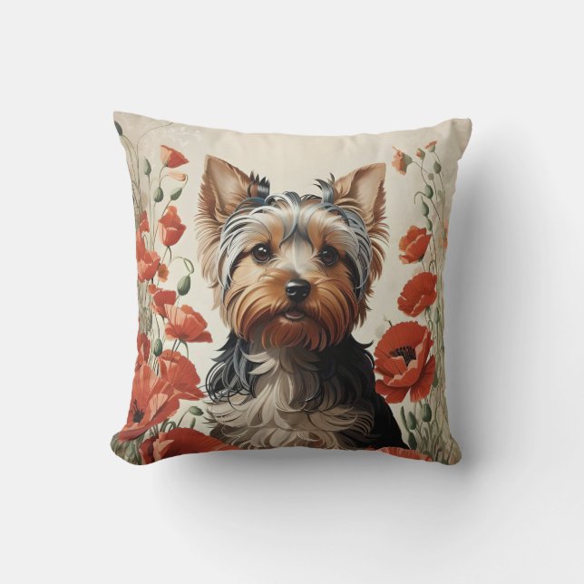 Cute Yorkshire Terrier Botanical Red Poppies Kudde (Framsida)