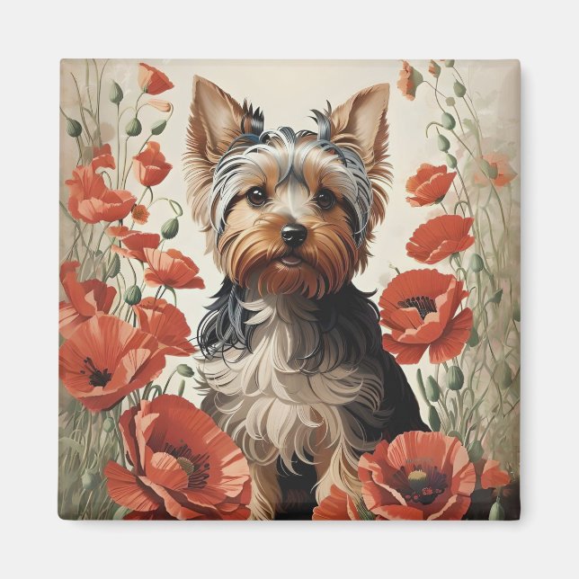 Cute Yorkshire Terrier Botanical Red Poppies Magnet (Framsidan)