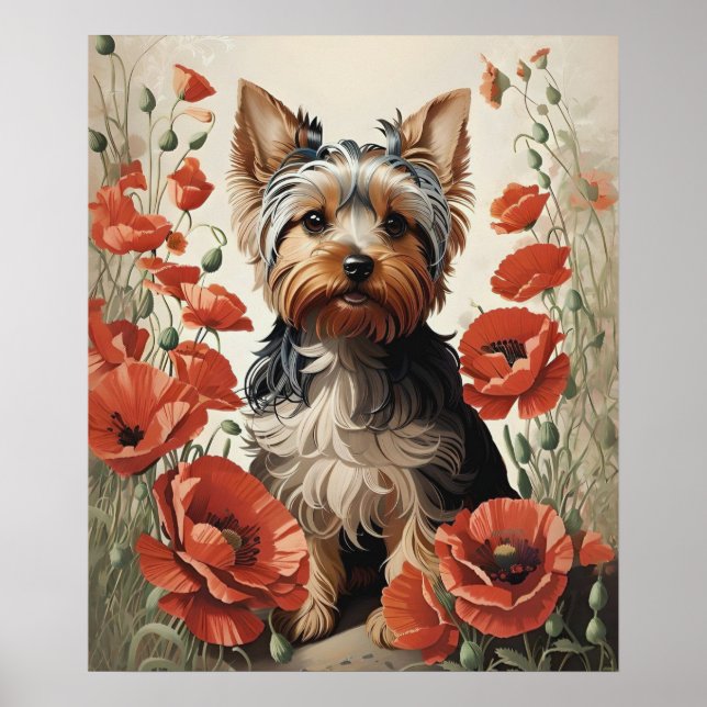 Cute Yorkshire Terrier Botanical Red Poppies Poster (Framsidan)