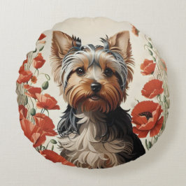 Cute Yorkshire Terrier Botanical Red Poppies Rund Kudde