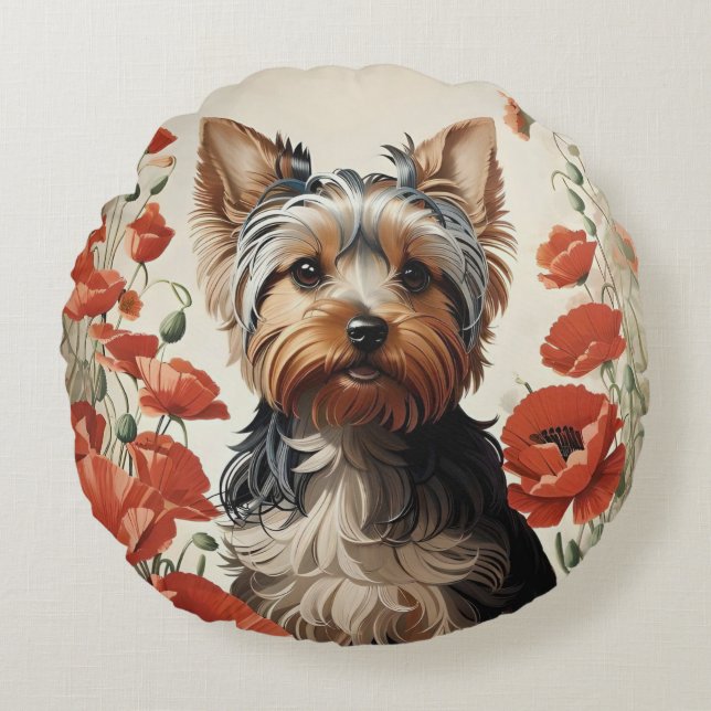 Cute Yorkshire Terrier Botanical Red Poppies Rund Kudde (Framsidan)