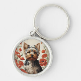 Cute Yorkshire Terrier Botanical Red Poppies Rund Silverfärgad Nyckelring