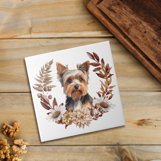 Cute Yorkshire Terrier Hund Autumn Wand Kakelplatta (Skapare uppladdad)