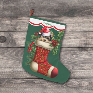 Cute Yorkshire Terrier Hund Peeking Stor Julstrumpa