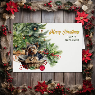 Cute Yorkshire Terrier Hund Wicker Basket jul Hälsningskort