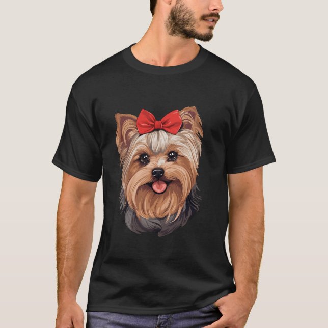 Cute Yorkshire Terrier i Bow Tie Headband Red B T Shirt (Framsida)