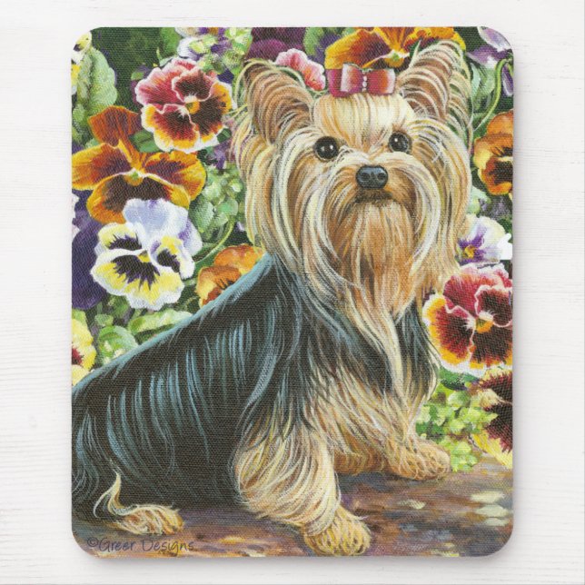Cute Yorkshire Terrier i Pansies Mousepad Musmatta (Framsidan)