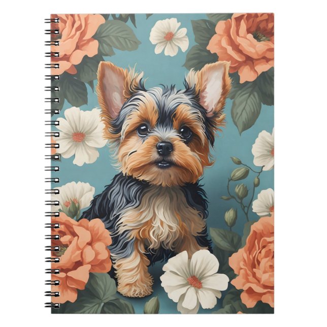 Cute Yorkshire Terrier Puppy Blommigt Anteckningsbok (Framsidan)