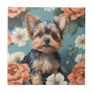 Cute Yorkshire Terrier Puppy Blommigt Kakelplatta