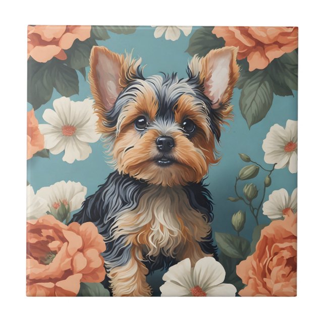 Cute Yorkshire Terrier Puppy Blommigt Kakelplatta (Framsidan)