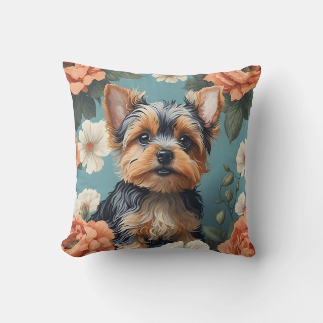 Cute Yorkshire Terrier Puppy Blommigt Kudde (Framsida)