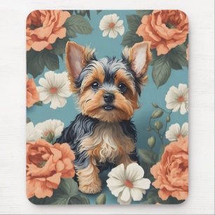 Cute Yorkshire Terrier Puppy Blommigt Musmatta