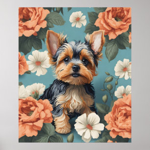 Cute Yorkshire Terrier Puppy Blommigt Poster