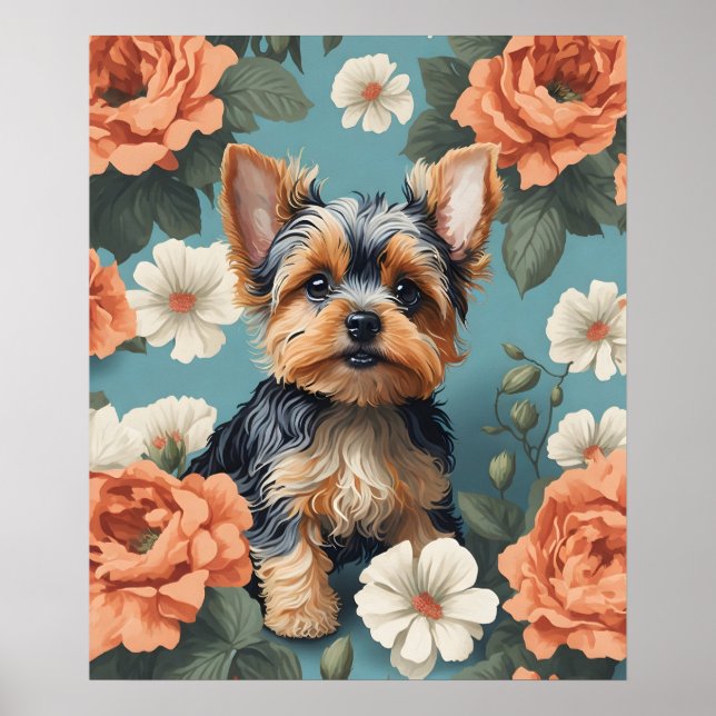 Cute Yorkshire Terrier Puppy Blommigt Poster (Framsidan)