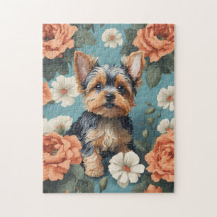 Cute Yorkshire Terrier Puppy Blommigt Pussel