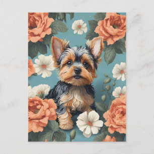 Cute Yorkshire Terrier Puppy Blommigt Vykort