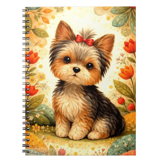 Cute Yorkshire Terrier Puppy with Red Bow Anteckningsbok (Framsidan)
