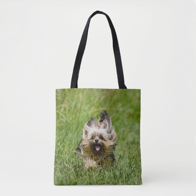 Cute Yorkshire Terrier Runthrough Grass Tygkasse (Framsida)