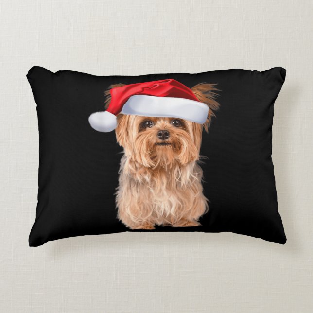 Cute Yorkshire Terrier Santa Puppy jul Prydnadskudde (Framsidan)