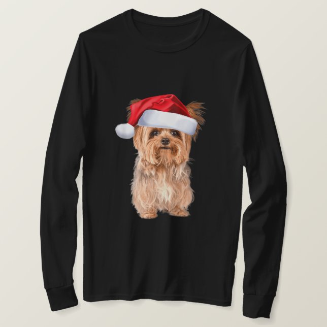 Cute Yorkshire Terrier Santa Puppy jul T Shirt (Design framsida)
