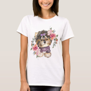 Cute Yorkshire Terrier Yorkie och Flowers Art T Shirt