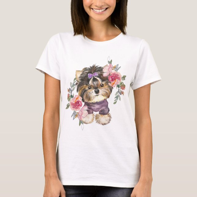 Cute Yorkshire Terrier Yorkie och Flowers Art T Shirt (Framsida)